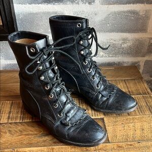 Vintage Justin Black Leather Lace Up Fringe Western Cowgirl Boots Women’s Sz 6 B